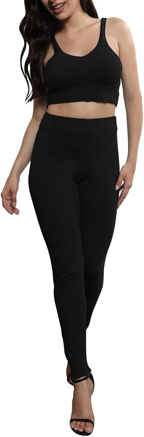 Women's Fleece 3 Pc Teddy Loungewear Spaghetti Strap Crop Tank Wide Long Pants Fuzzy Kimono Cozy Sweatsuit Set Light