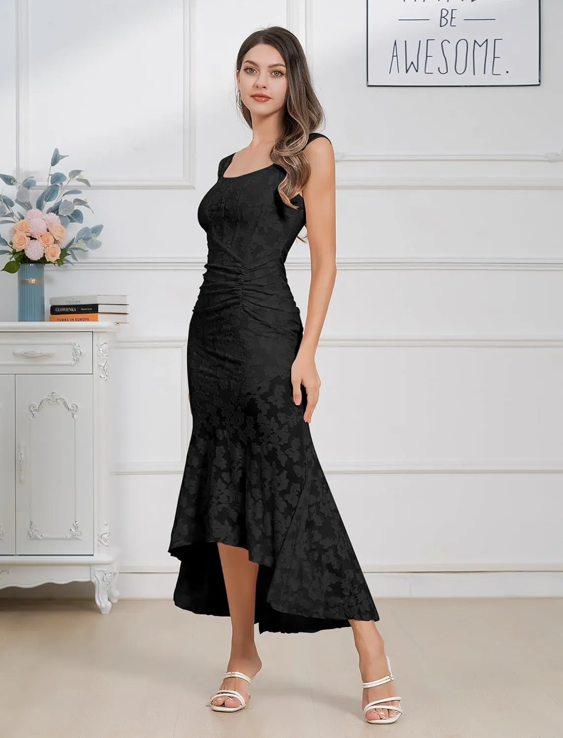 Womens Floral Jacquard Ruched Mermaid Hem Bodycon Cami Maxi Dress Going Out Party Dress Summer