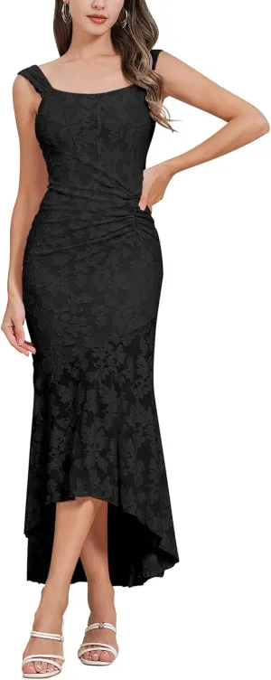 Womens Floral Jacquard Ruched Mermaid Hem Bodycon Cami Maxi Dress Going Out Party Dress Summer