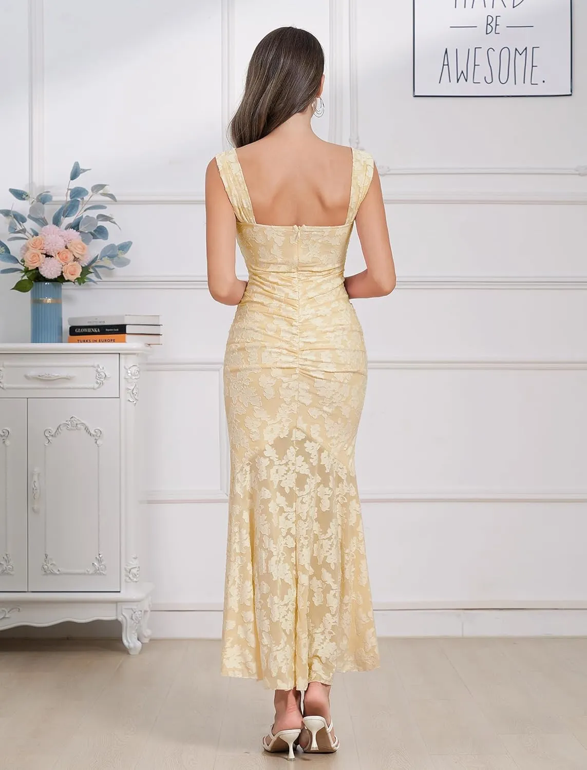 Womens Floral Jacquard Ruched Mermaid Hem Bodycon Cami Maxi Dress Going Out Party Dress Summer