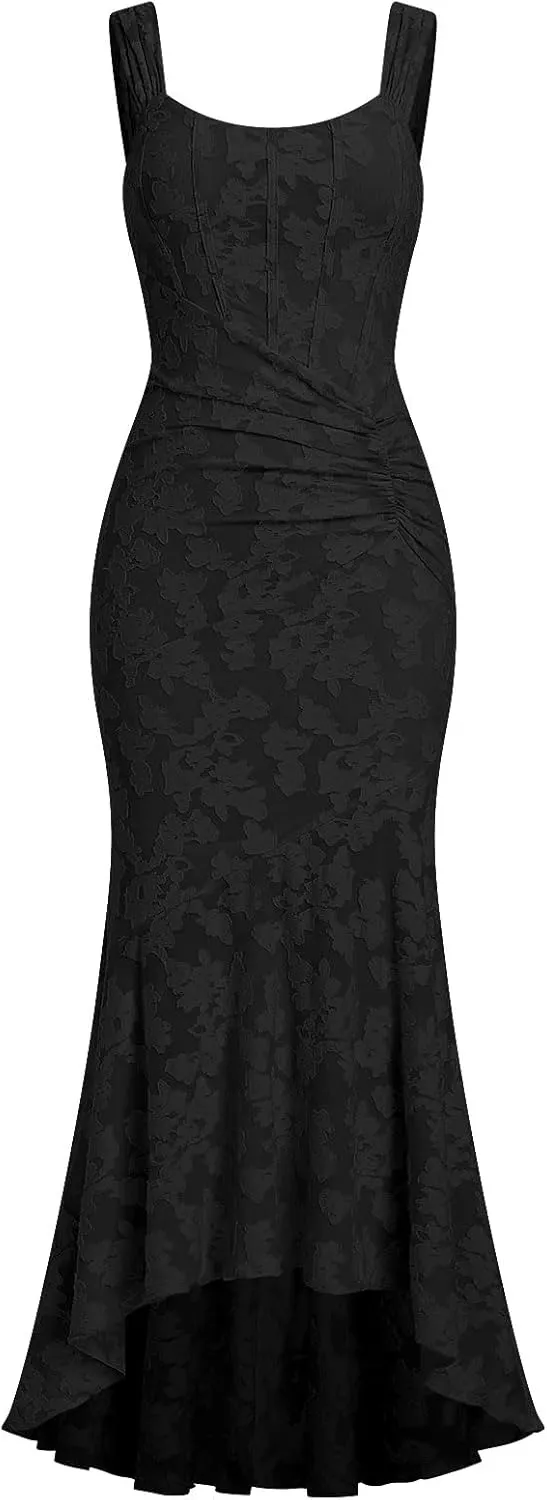 Womens Floral Jacquard Ruched Mermaid Hem Bodycon Cami Maxi Dress Going Out Party Dress Summer