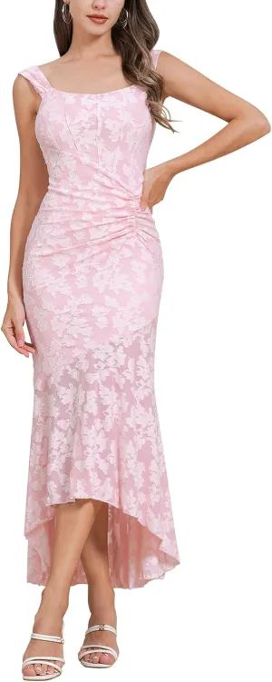 Womens Floral Jacquard Ruched Mermaid Hem Bodycon Cami Maxi Dress Going Out Party Dress Summer