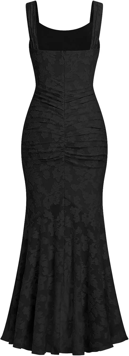 Womens Floral Jacquard Ruched Mermaid Hem Bodycon Cami Maxi Dress Going Out Party Dress Summer