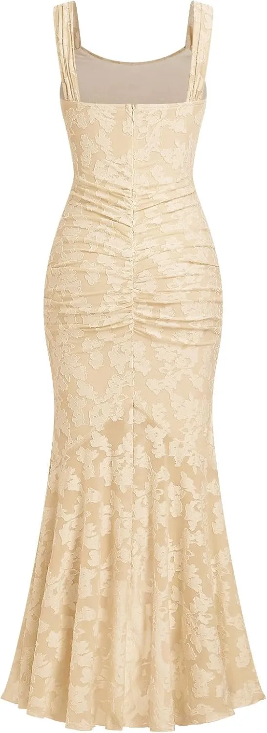 Womens Floral Jacquard Ruched Mermaid Hem Bodycon Cami Maxi Dress Going Out Party Dress Summer