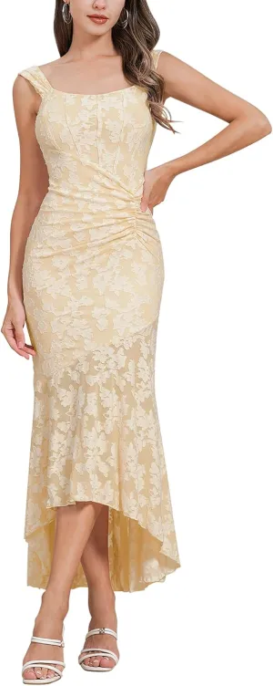 Womens Floral Jacquard Ruched Mermaid Hem Bodycon Cami Maxi Dress Going Out Party Dress Summer