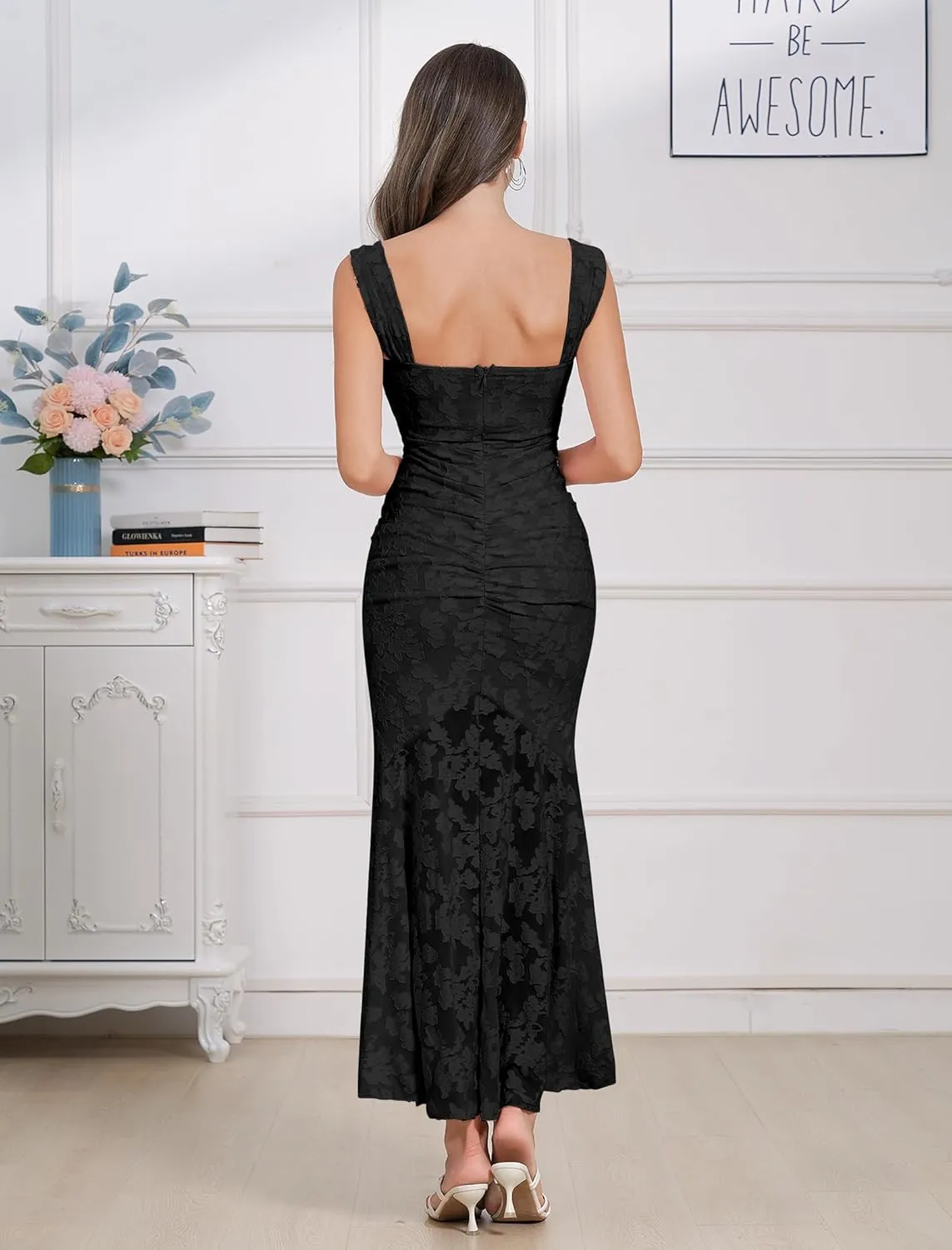 Womens Floral Jacquard Ruched Mermaid Hem Bodycon Cami Maxi Dress Going Out Party Dress Summer