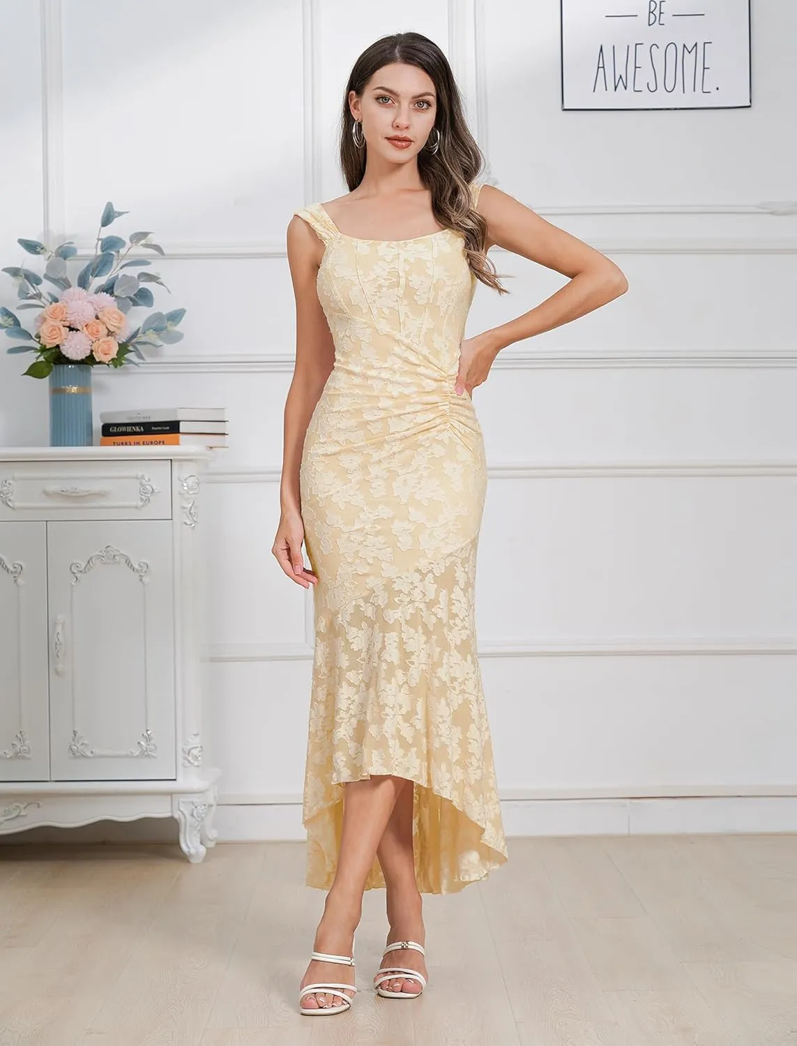 Womens Floral Jacquard Ruched Mermaid Hem Bodycon Cami Maxi Dress Going Out Party Dress Summer