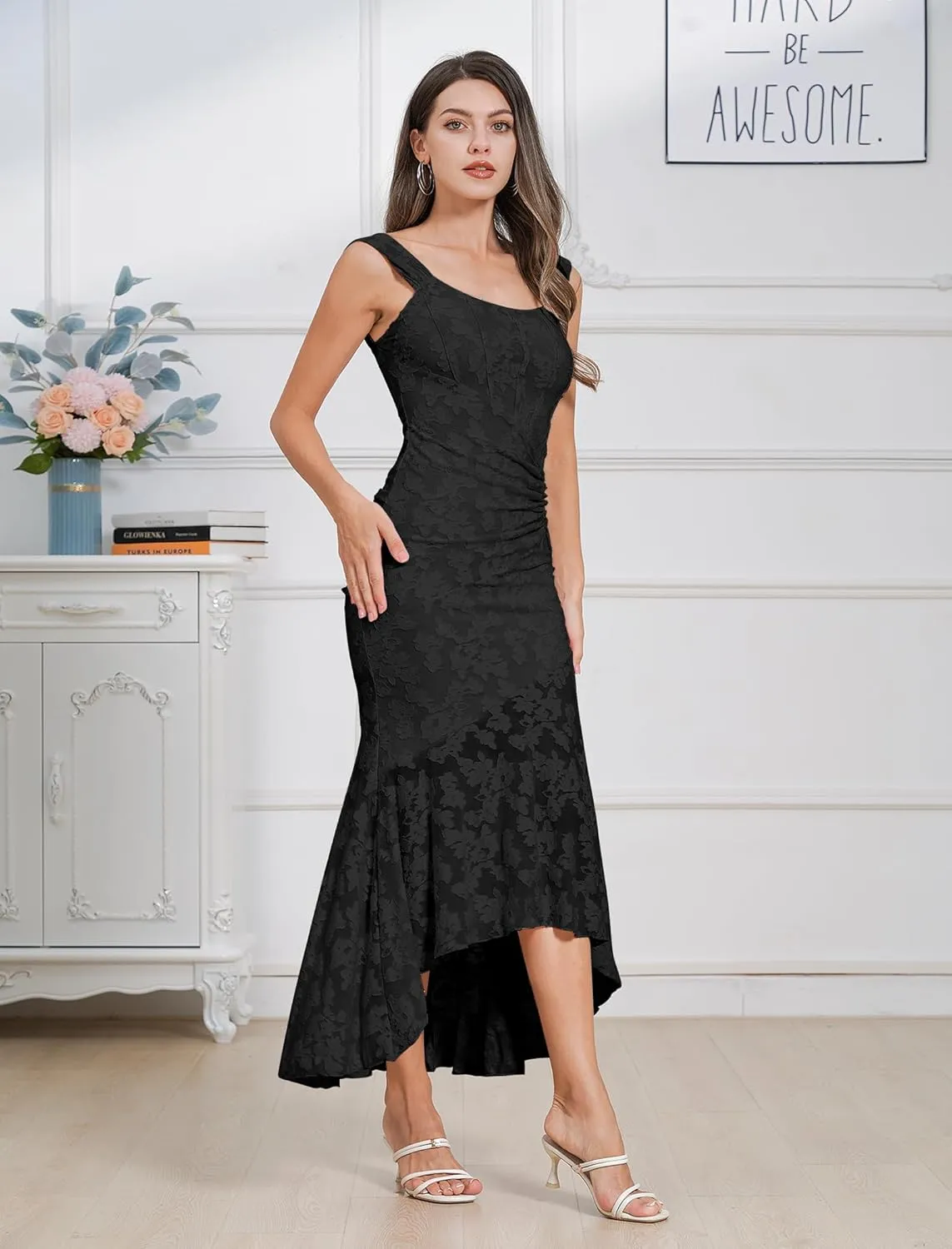 Womens Floral Jacquard Ruched Mermaid Hem Bodycon Cami Maxi Dress Going Out Party Dress Summer