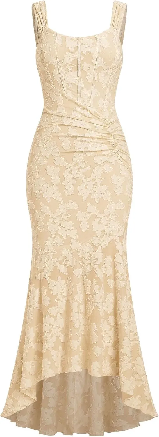 Womens Floral Jacquard Ruched Mermaid Hem Bodycon Cami Maxi Dress Going Out Party Dress Summer