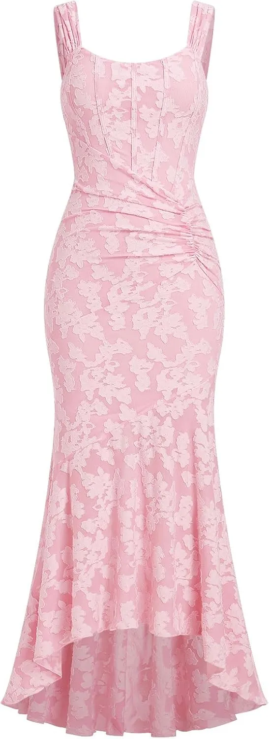 Womens Floral Jacquard Ruched Mermaid Hem Bodycon Cami Maxi Dress Going Out Party Dress Summer