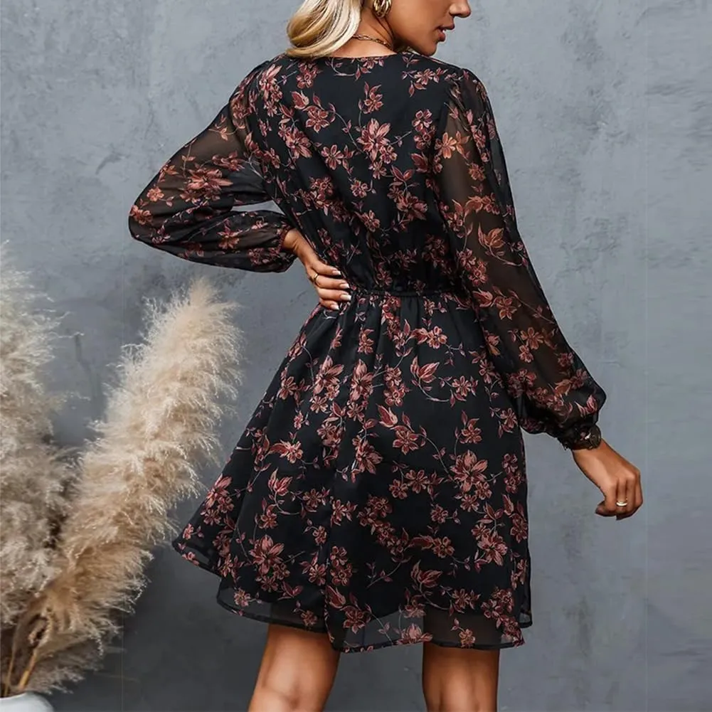 Women's Floral Print Chiffon A-Line Mini Dress Long Peasant Sleeves Spring Wedding Guest Dress Fit Tea Party Cocktail Dress