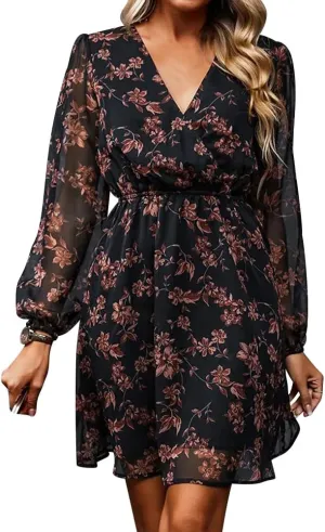 Women's Floral Print Chiffon A-Line Mini Dress Long Peasant Sleeves Spring Wedding Guest Dress Fit Tea Party Cocktail Dress