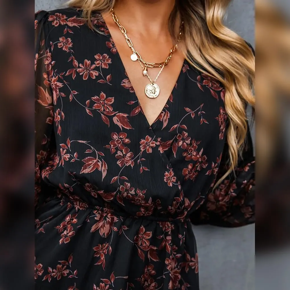 Women's Floral Print Chiffon A-Line Mini Dress Long Peasant Sleeves Spring Wedding Guest Dress Fit Tea Party Cocktail Dress
