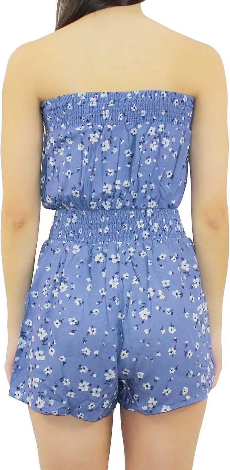 Women's Floral Print Tube Top Gartered Waist Romper