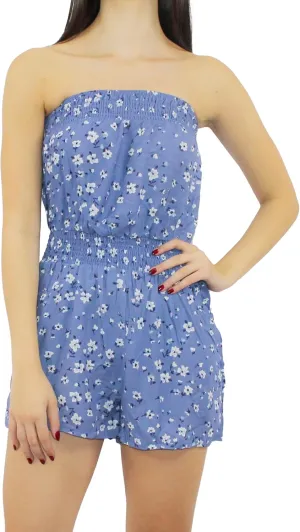 Women's Floral Print Tube Top Gartered Waist Romper