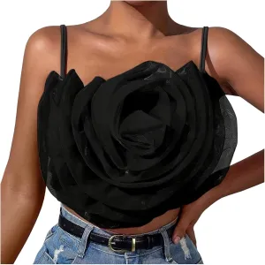 Women's Flower Front Crop Tube Top Sleeveless Strapless Solid Shirred Tops Mens Running