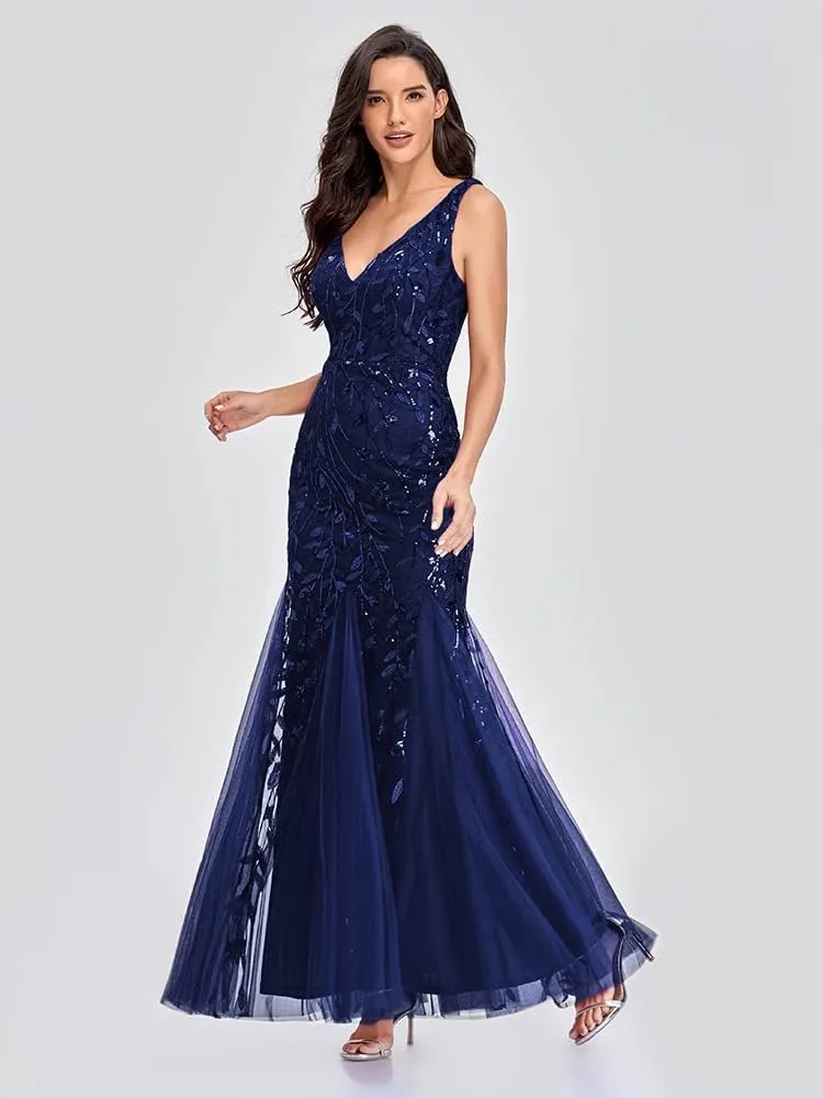 Womens Formal Dress Sleeveless V Neck Sequin Embroidery Mermaid Tulle Evening Dress