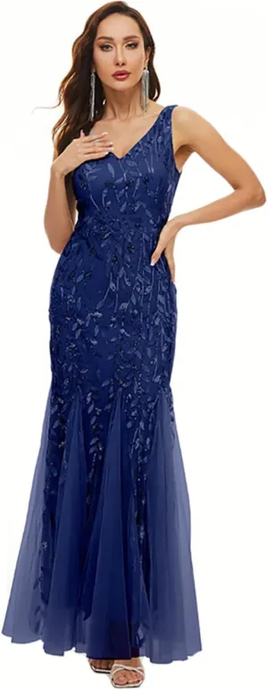 Womens Formal Dress Sleeveless V Neck Sequin Embroidery Mermaid Tulle Evening Dress