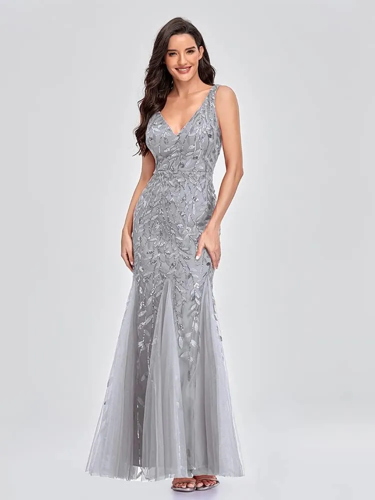 Womens Formal Dress Sleeveless V Neck Sequin Embroidery Mermaid Tulle Evening Dress