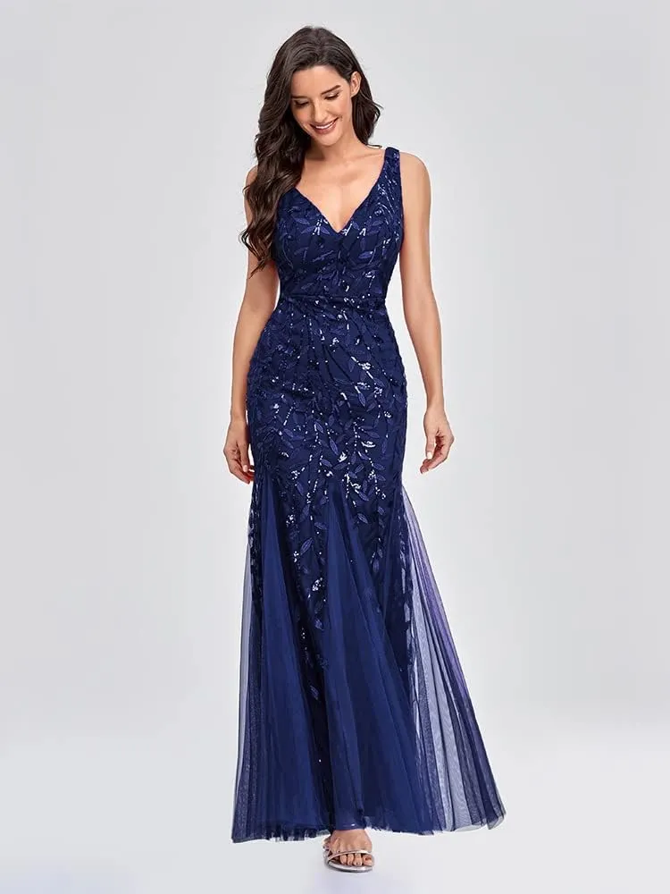 Womens Formal Dress Sleeveless V Neck Sequin Embroidery Mermaid Tulle Evening Dress
