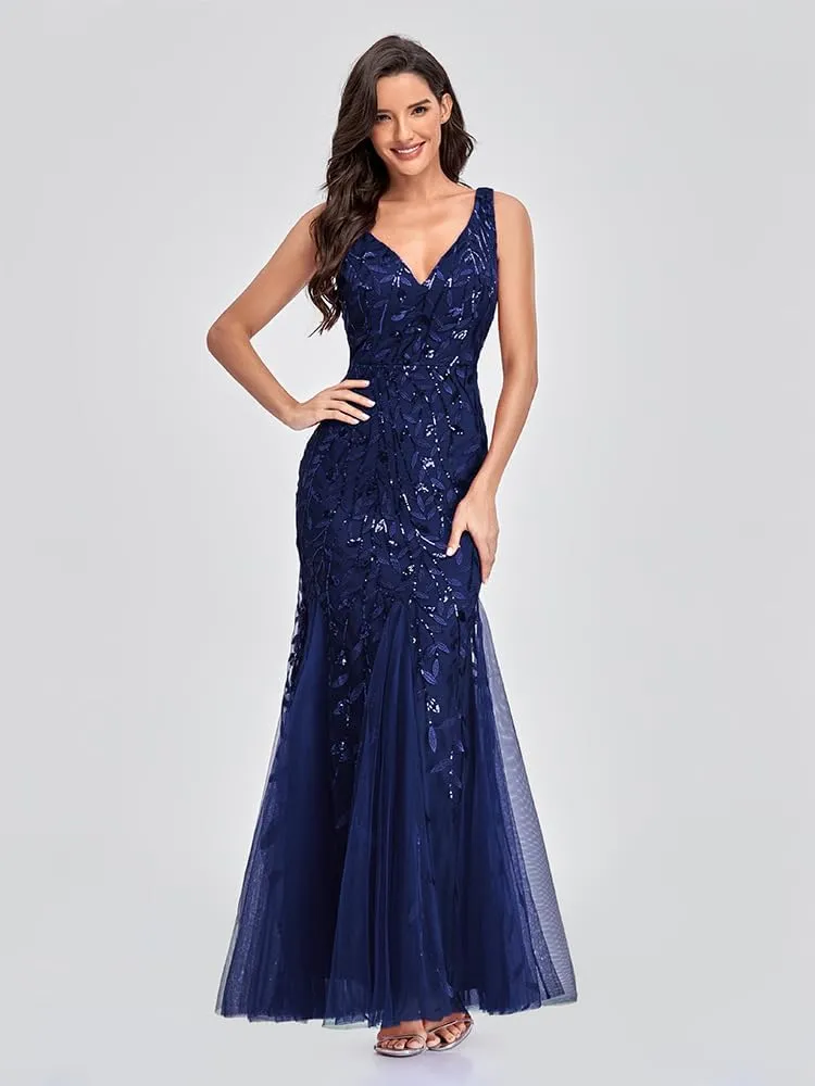 Womens Formal Dress Sleeveless V Neck Sequin Embroidery Mermaid Tulle Evening Dress