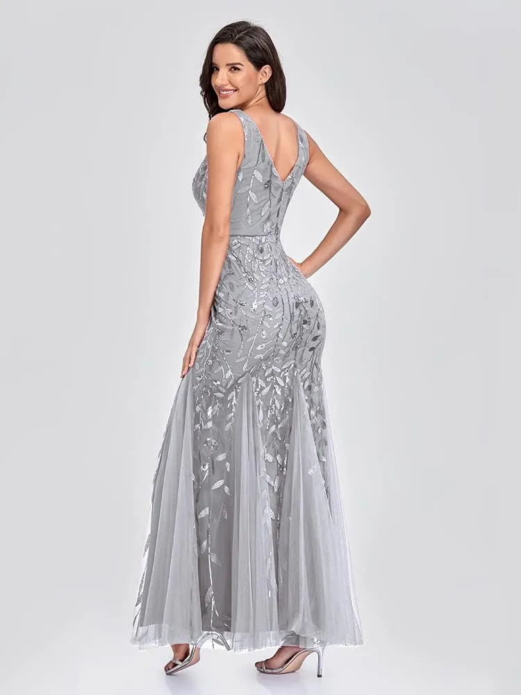 Womens Formal Dress Sleeveless V Neck Sequin Embroidery Mermaid Tulle Evening Dress