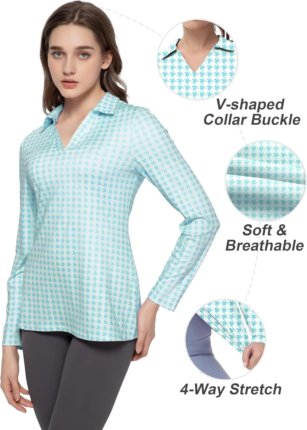 Women's Golf Polo Shirts Long Sleeve Workout Tops V Neck UPF 50  Sun Protection Quick Dry Lightweight Active Shirts