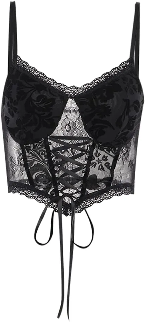 Womens Gothic Crop Top Goth Grunge Lace Tank Tops Punk Y2k Cami Alt Shirts Streetwear Casual Camisole