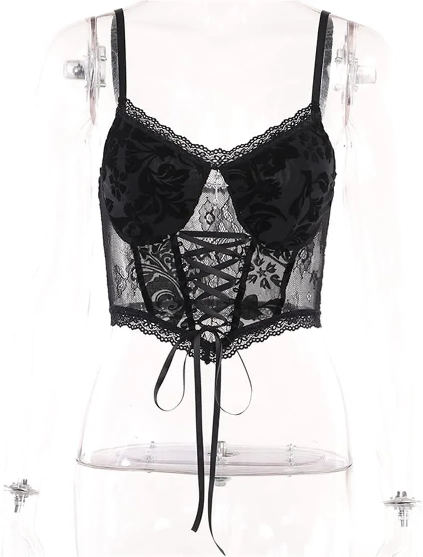 Womens Gothic Crop Top Goth Grunge Lace Tank Tops Punk Y2k Cami Alt Shirts Streetwear Casual Camisole