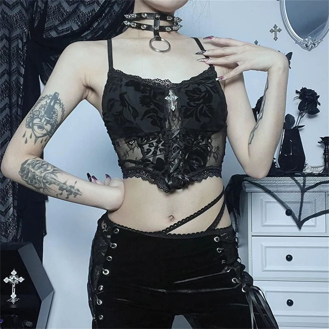 Womens Gothic Crop Top Goth Grunge Lace Tank Tops Punk Y2k Cami Alt Shirts Streetwear Casual Camisole
