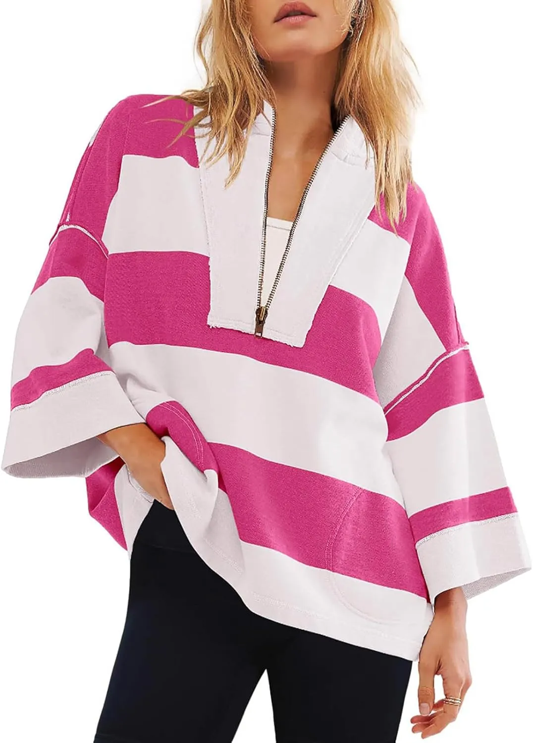 Womens Half Zip Striped Sweatshirt V Neck Oversized Hoodies Tops Casual Trendy Fall Outfits Loose Fit Preppy Clothes