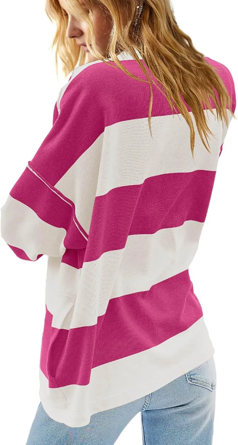 Womens Half Zip Striped Sweatshirt V Neck Oversized Hoodies Tops Casual Trendy Fall Outfits Loose Fit Preppy Clothes