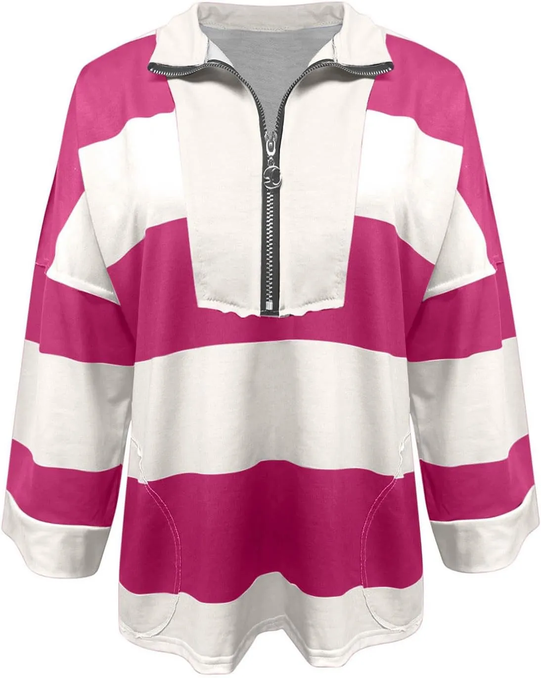 Womens Half Zip Striped Sweatshirt V Neck Oversized Hoodies Tops Casual Trendy Fall Outfits Loose Fit Preppy Clothes