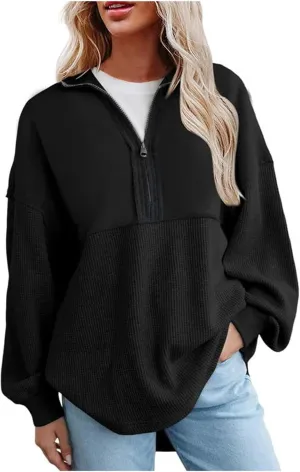 Womens Half Zip Up Sweatshirt Trendy Long Sleeve Oversized Pullover Tops Waffle Knit Hoodies Fall Outfits 2024