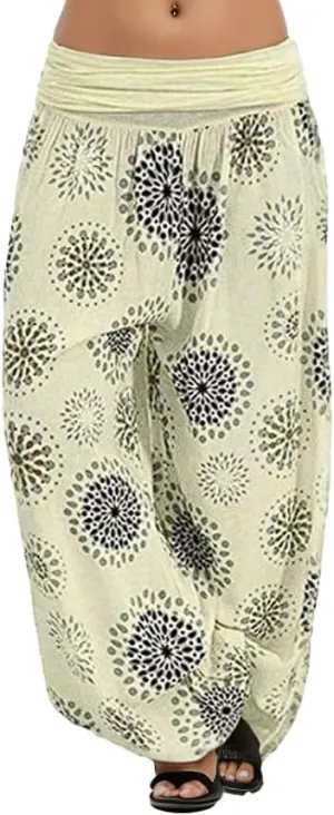 Womens Harem Pants Casual Loose Floral Print Hippie High Waist Wide Leg Long Pants Flowy Yoga Lounge Trousers