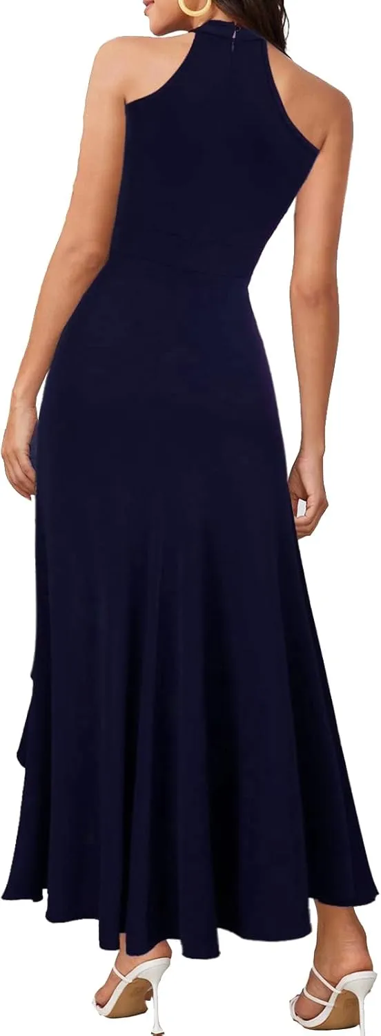 Women's High Neck Split Bodycon Mermaid Evening Cocktail Long Dress