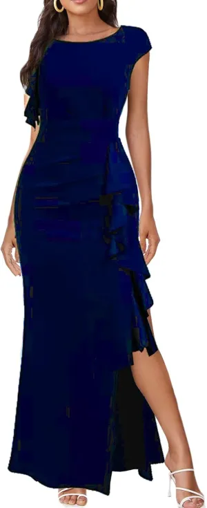 Women's High Neck Split Bodycon Mermaid Evening Cocktail Long Dress