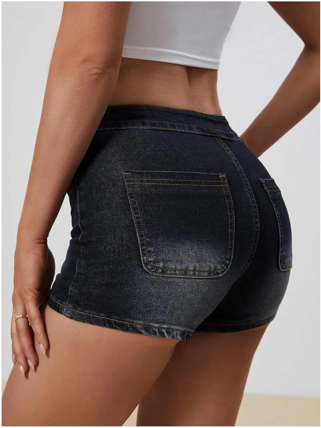 Women's High Waist Denim Shorts Straight Leg Roll Up Hem Button Jean Short Denim Stretchy Skinny Shorts