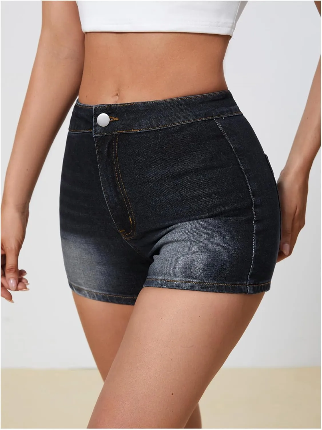 Women's High Waist Denim Shorts Straight Leg Roll Up Hem Button Jean Short Denim Stretchy Skinny Shorts