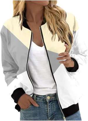 Womens Jacket Casual Zip Up Lightweight Coat Color Block Long Sleeve Coat Outerwear with Pocket 2024