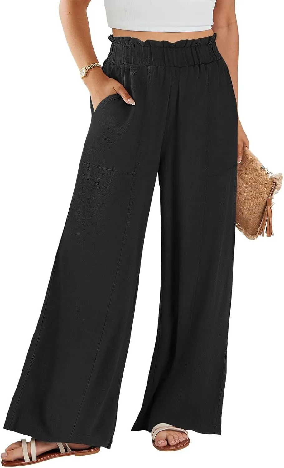 Womens Linen Pants 2025 Summer Casual Loose Wide Leg Palazzo Pants Summer High Waist Flowy Beach Trousers with Pockets