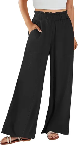 Womens Linen Pants 2025 Summer Casual Loose Wide Leg Palazzo Pants Summer High Waist Flowy Beach Trousers with Pockets