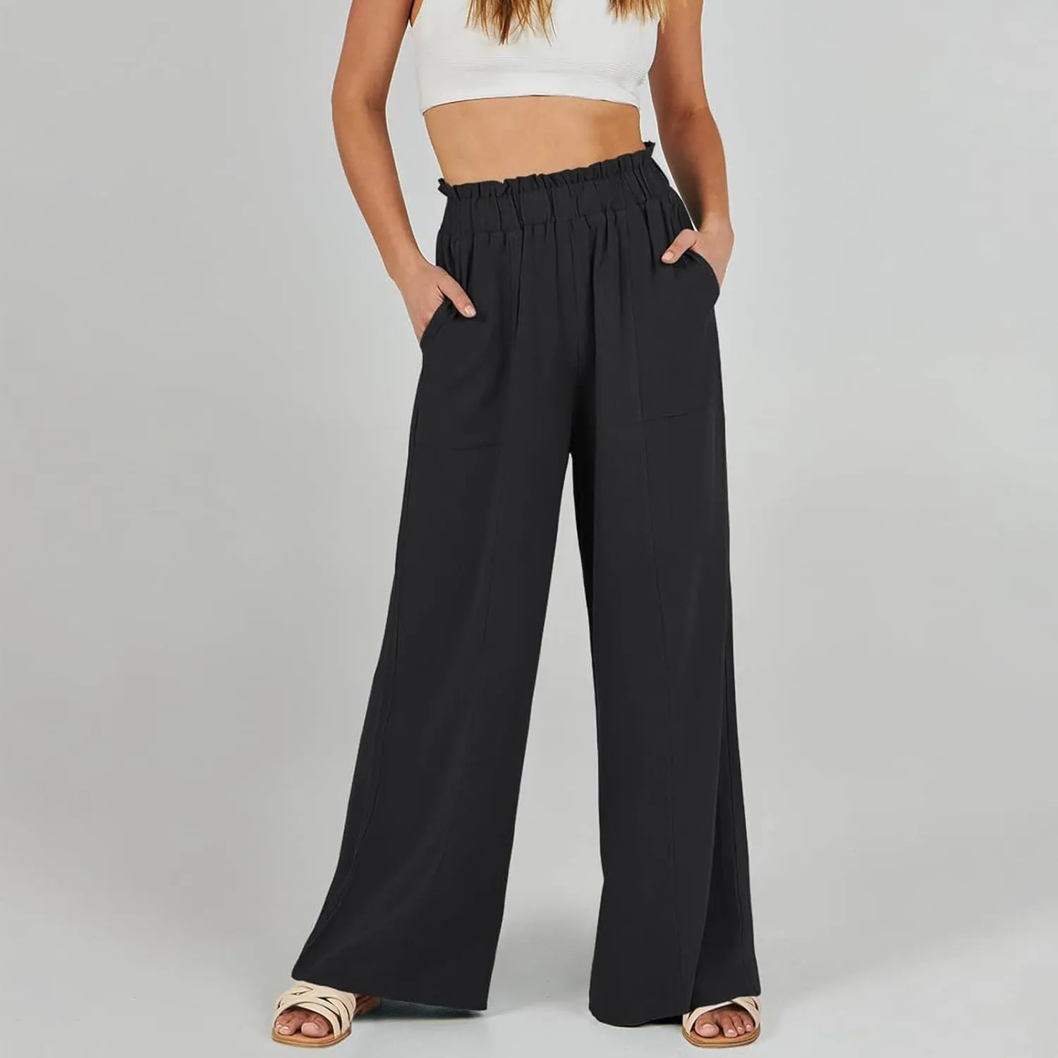Womens Linen Pants 2025 Summer Casual Loose Wide Leg Palazzo Pants Summer High Waist Flowy Beach Trousers with Pockets