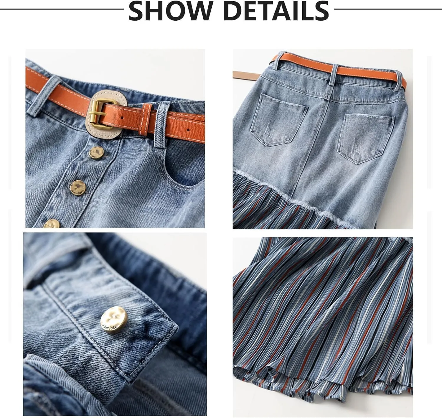 Womens Long Skirts Cotton Long Skirt Raw Edge Denim Splicing Striped Skirt High Waisted A-line Jean Midi Skirt Skirt Long, Large, Blue