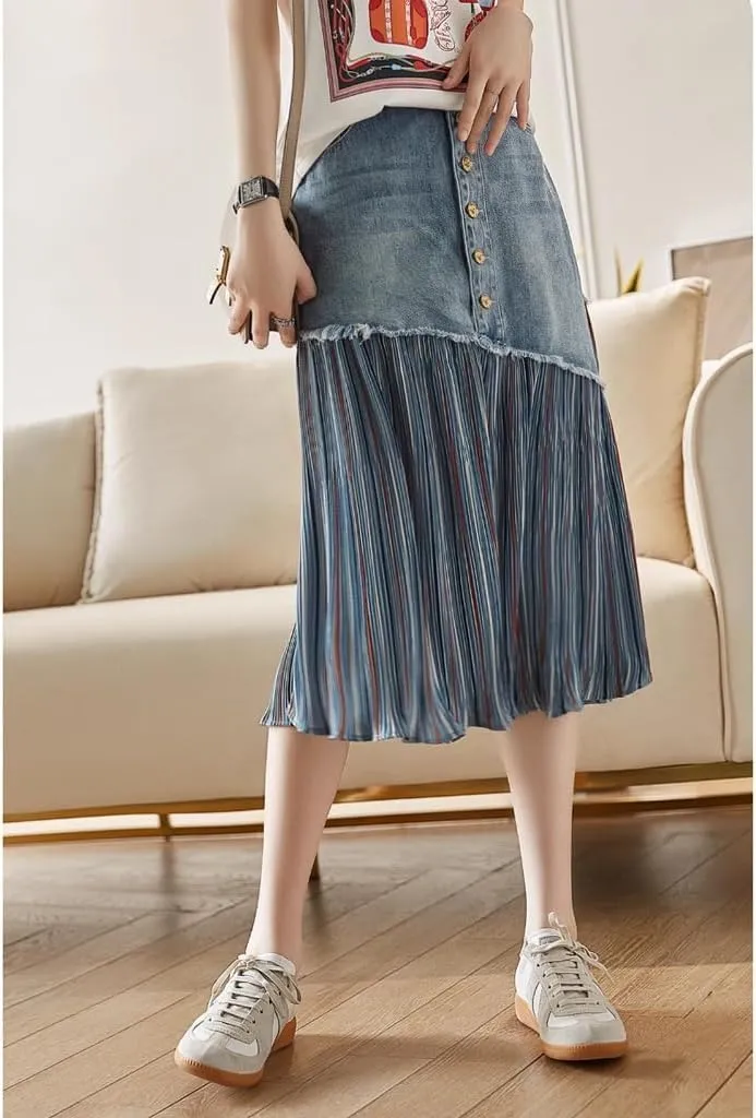 Womens Long Skirts Cotton Long Skirt Raw Edge Denim Splicing Striped Skirt High Waisted A-line Jean Midi Skirt Skirt Long, Large, Blue