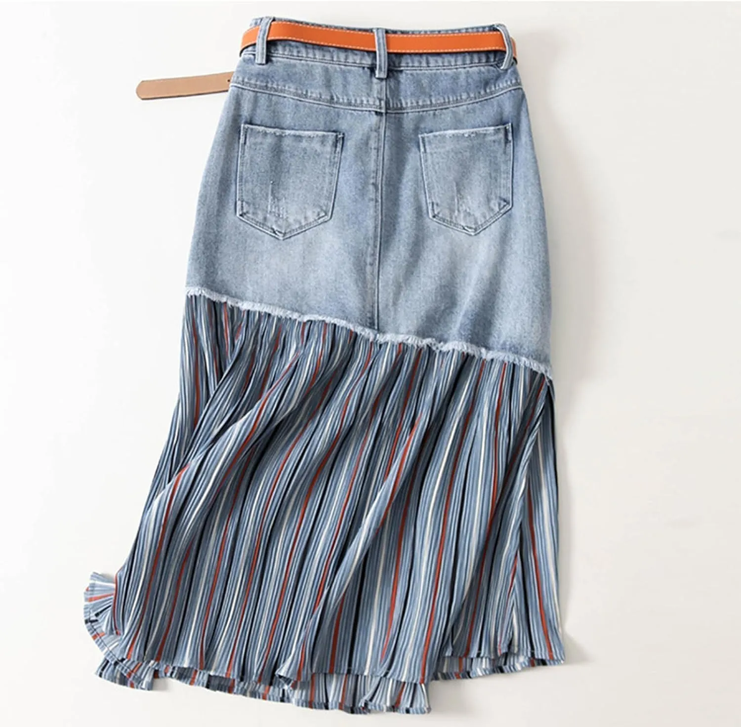 Womens Long Skirts Cotton Long Skirt Raw Edge Denim Splicing Striped Skirt High Waisted A-line Jean Midi Skirt Skirt Long, Large, Blue