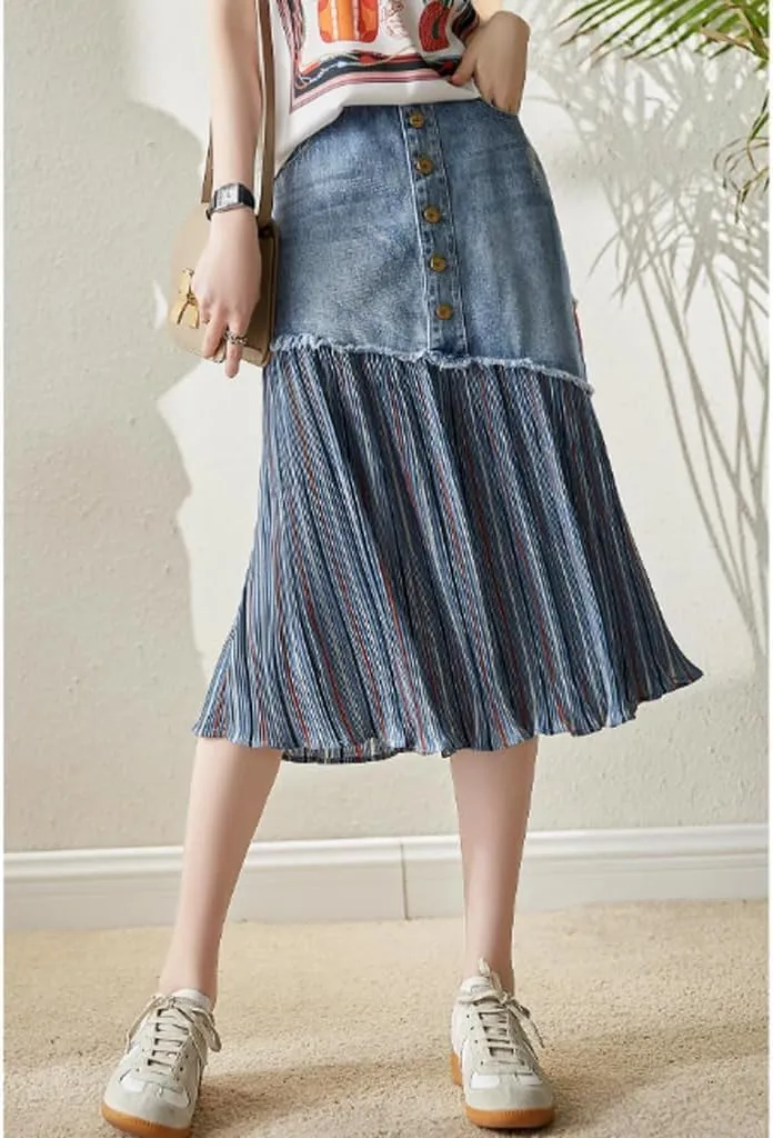 Womens Long Skirts Cotton Long Skirt Raw Edge Denim Splicing Striped Skirt High Waisted A-line Jean Midi Skirt Skirt Long, Large, Blue