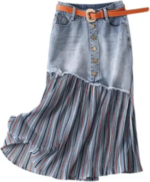 Womens Long Skirts Cotton Long Skirt Raw Edge Denim Splicing Striped Skirt High Waisted A-line Jean Midi Skirt Skirt Long, Large, Blue