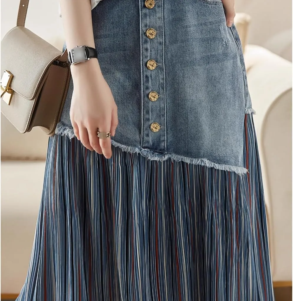 Womens Long Skirts Cotton Long Skirt Raw Edge Denim Splicing Striped Skirt High Waisted A-line Jean Midi Skirt Skirt Long, Large, Blue