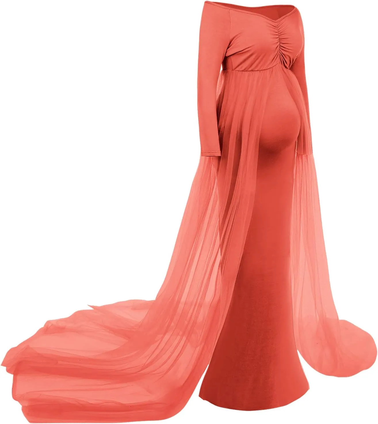 Women's Long Sleeve Off Shoulder Maternity Maxi Photography Dress Tulle Wedding Mermaid Gown for Photoshoot Baby Shower